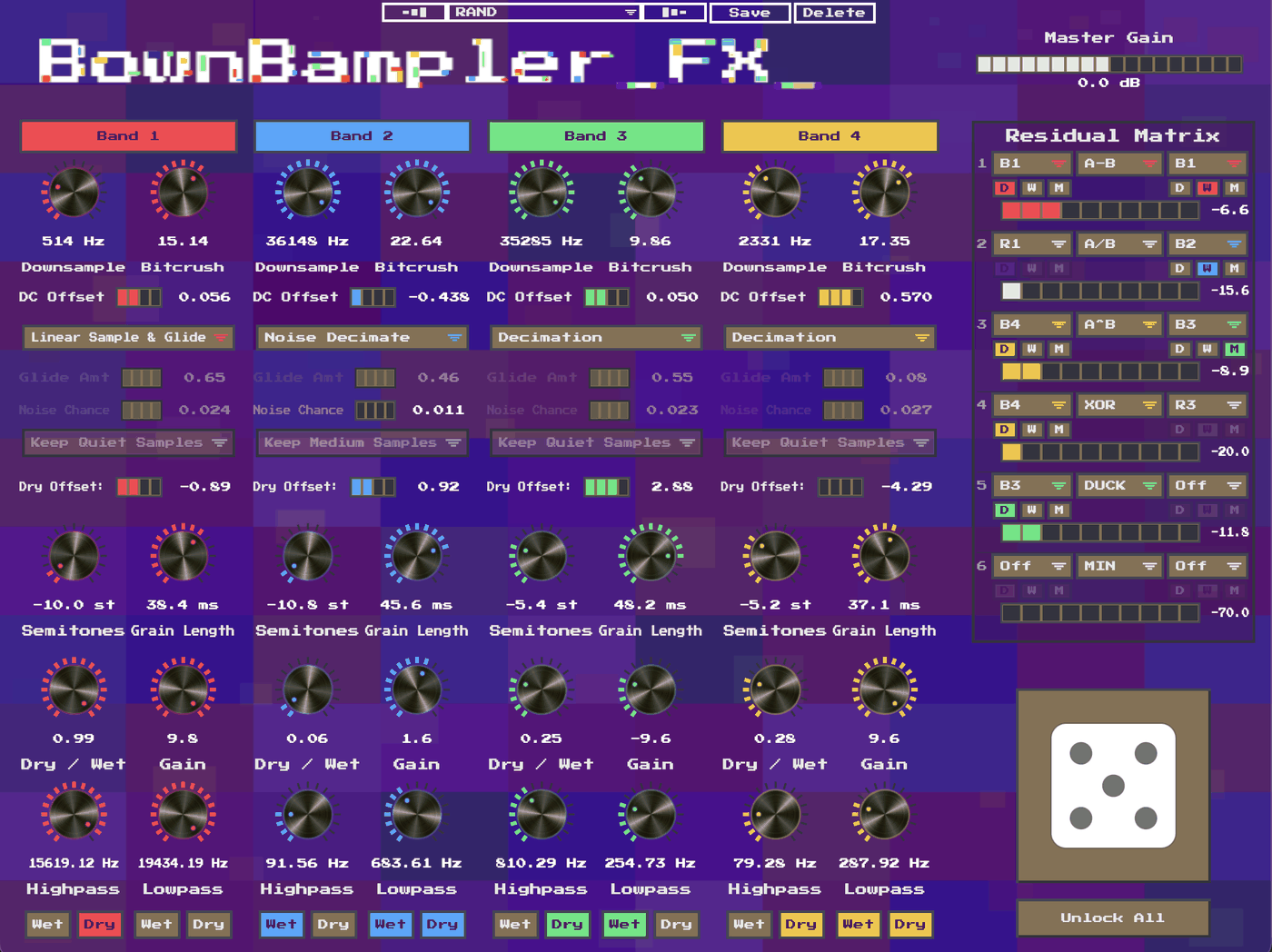 BownBampler FX plugin interface, one click of the randomize die
