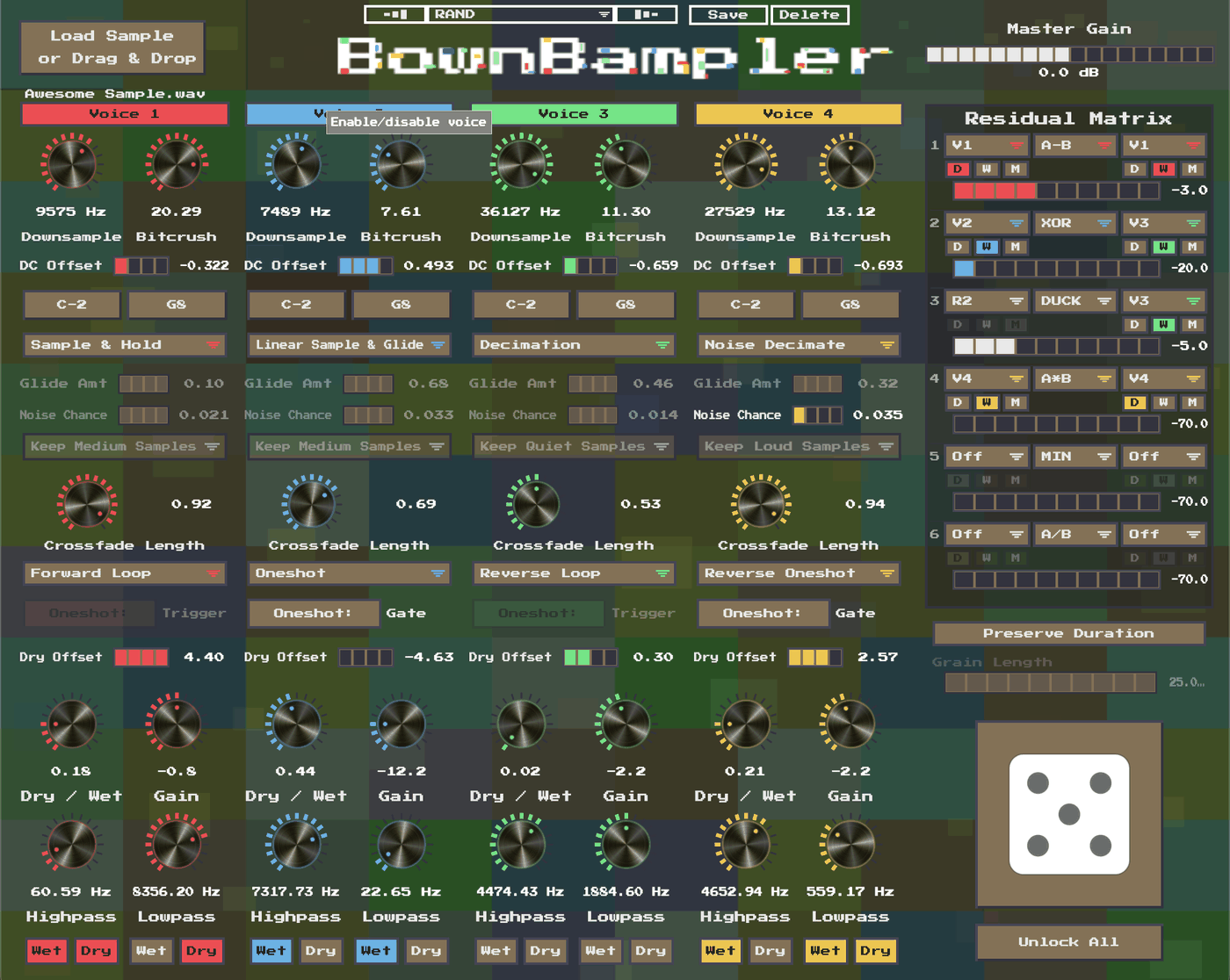 BownBampler plugin interface, one click of the randomize die